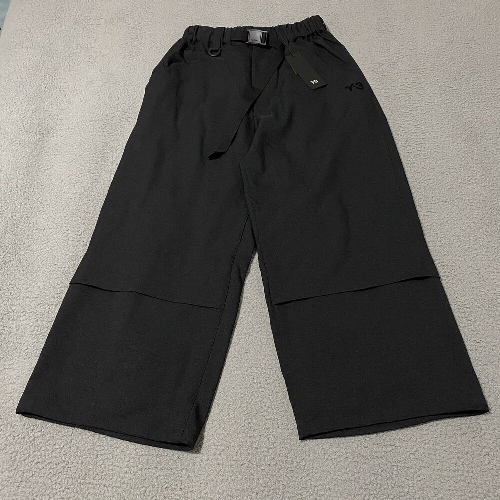 Y-3 Sport Uniform Trousers Pants Mens XS Black Wide Leg Relaxed Baggy Belted NEW